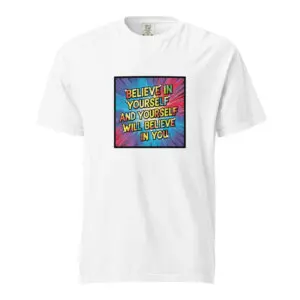 White T-shirt with colorful graffiti-style text design.