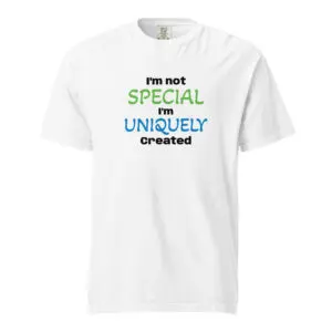 White T-shirt with a motivational quote in green and black text.