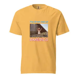 Yellow T-shirt with a graphic of a woman and text.