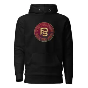Black hoodie with circular logo design.
