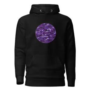 Black hoodie with purple circular logo design.