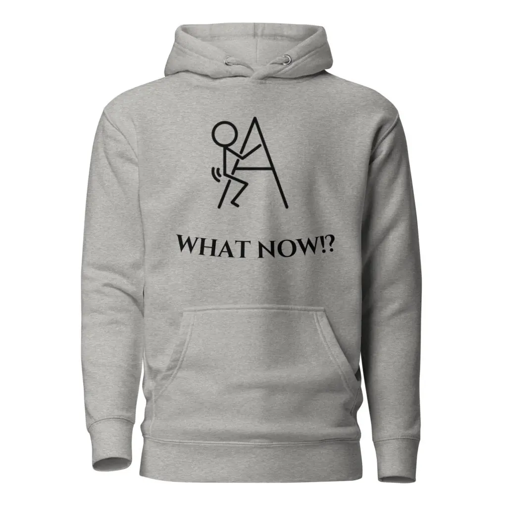 Gray hoodie with humorous stick figure design.