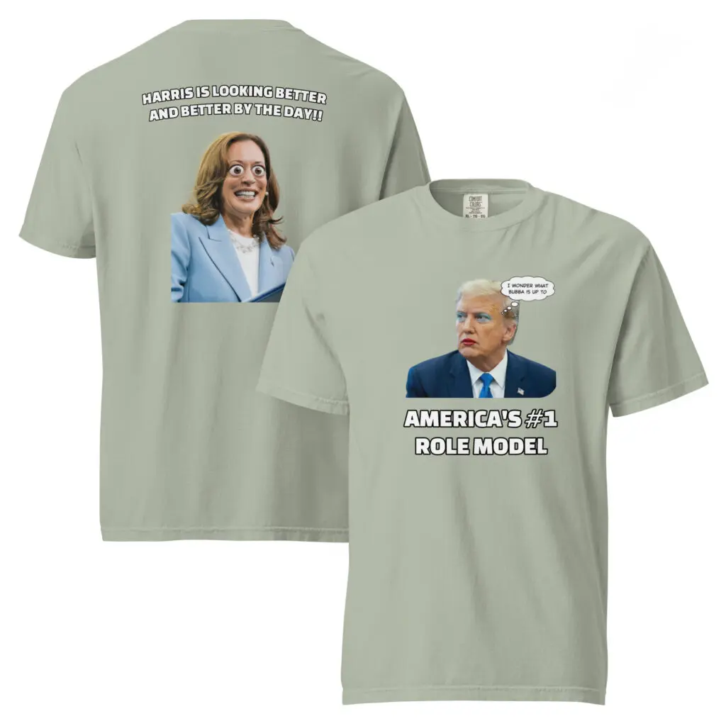 Political parody t-shirts with caricatures.