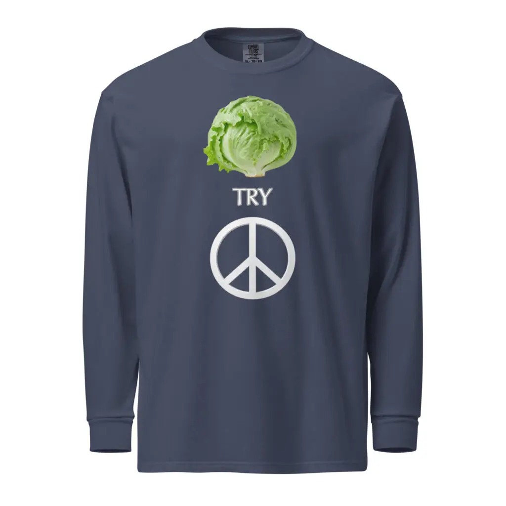 Shirt with lettuce, "TRY," peace symbol design.