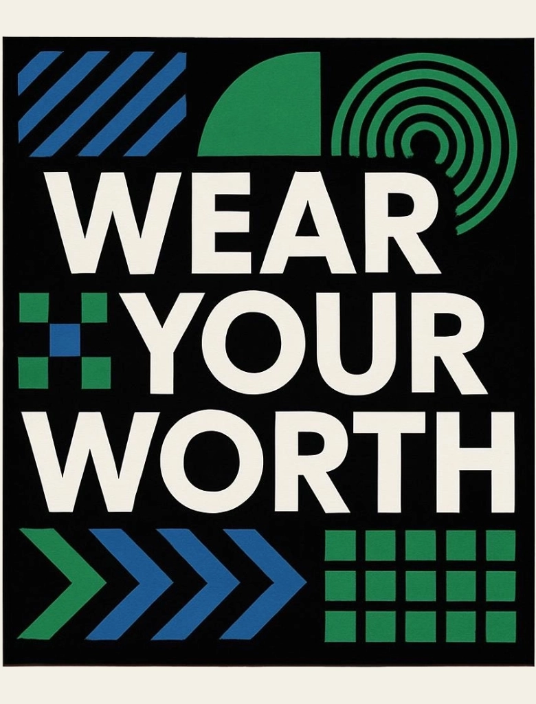 Motivational poster saying 'Wear Your Worth' with geometric patterns.
