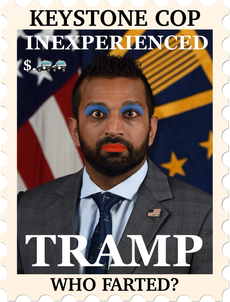 A man with blue makeup and beard in a suit with a flag background.