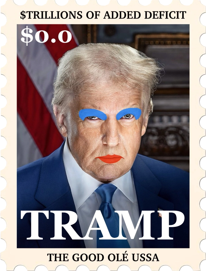 A heavily edited image of Donald Trump with exaggerated makeup.