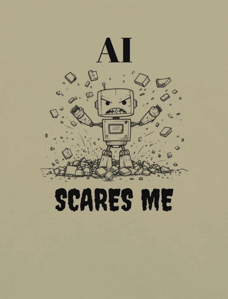 A distressed robot surrounded by scattered objects with the text 'AI scares me'.