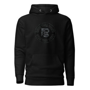 Black hoodie with embossed circular logo.